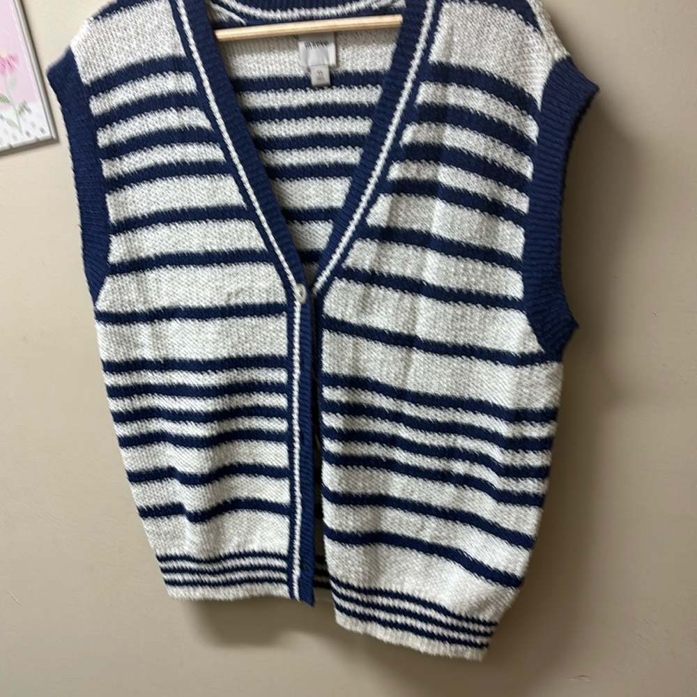 Anthropologie Navy and White Striped Knit Sweater Vest